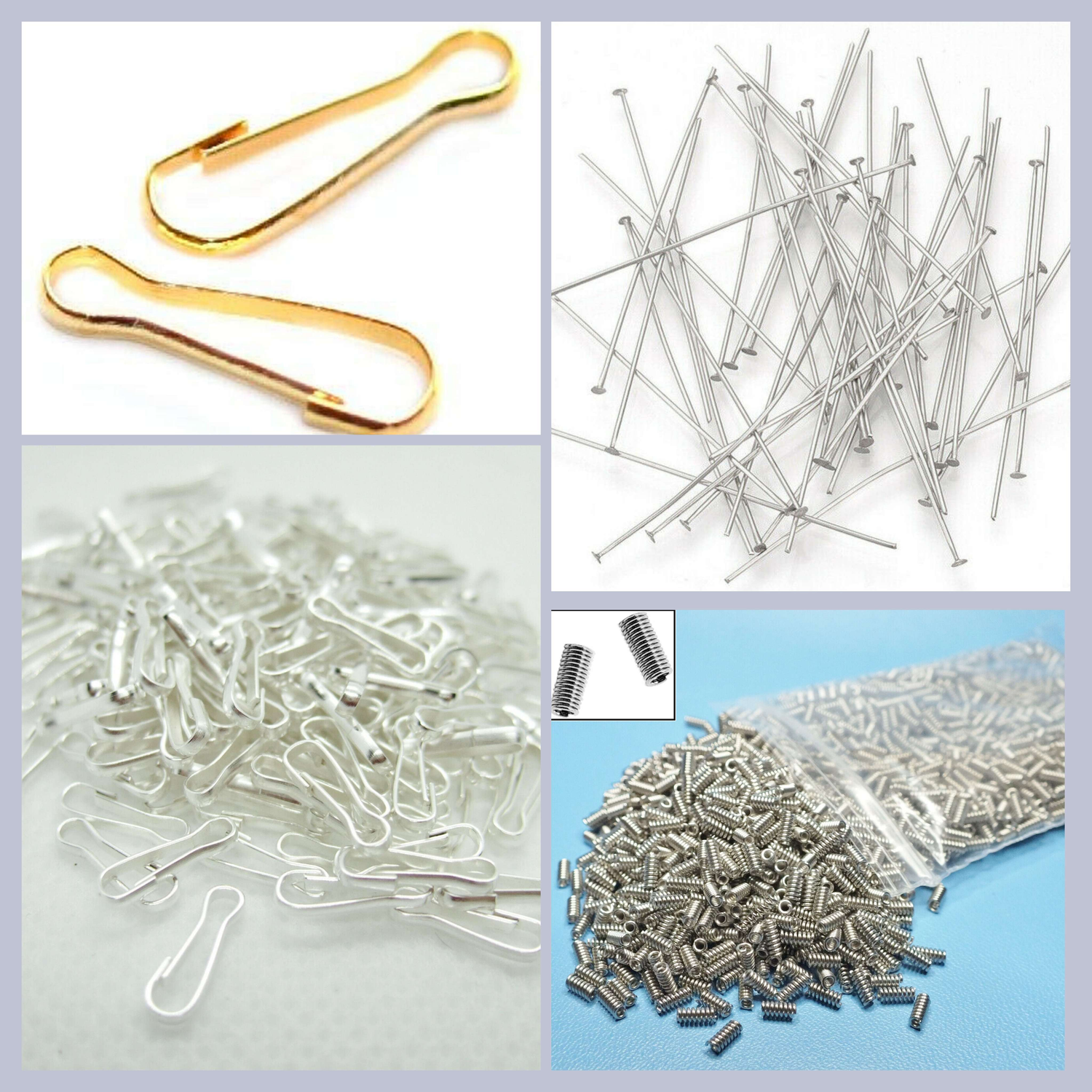 A collage of jewellery findings, including clasps in gold and silver tones, head pins, and spacer spring beads.