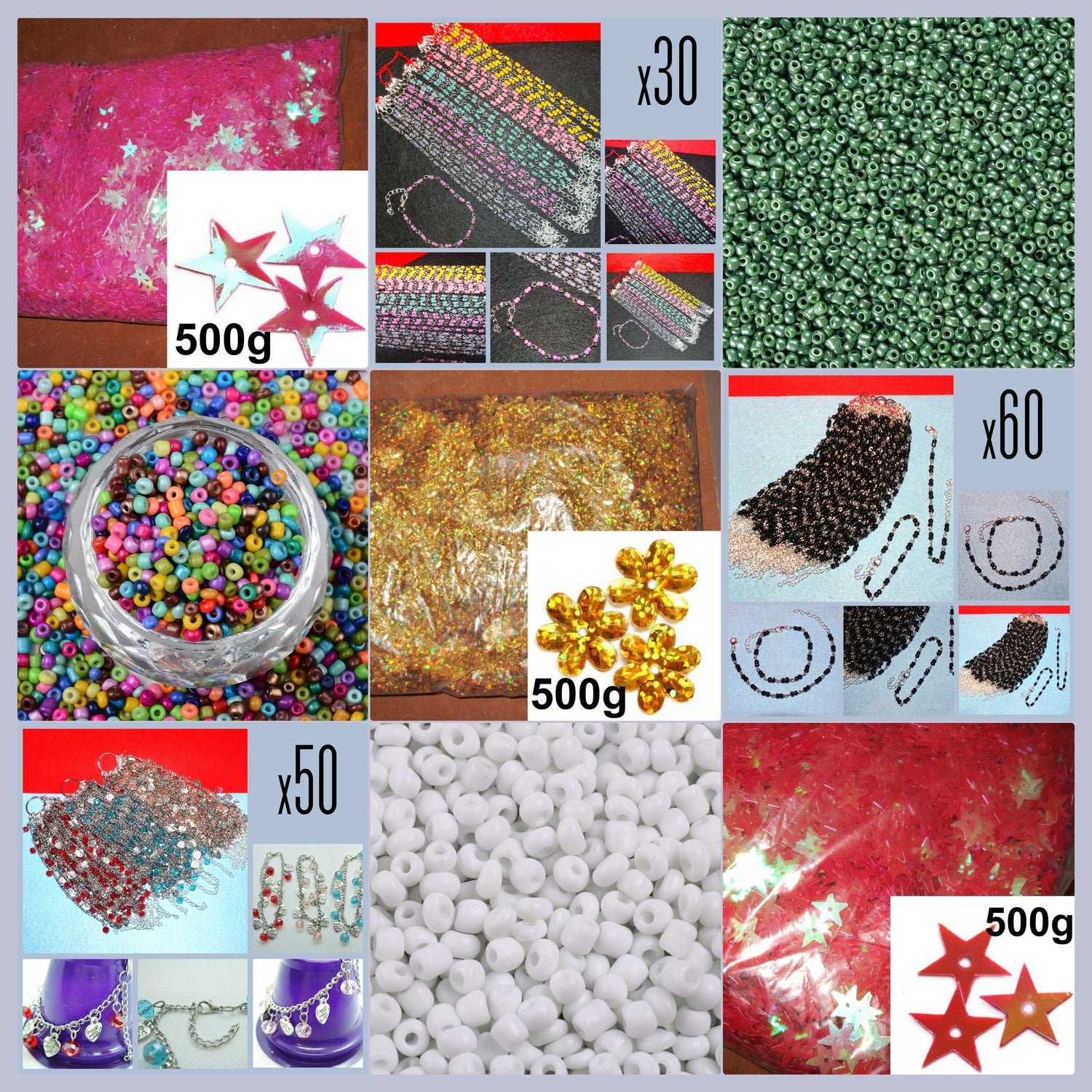 A collage of bulk lots available for sale, including large bags of sequins and seed beads, plus large packs of handmade bracelets.