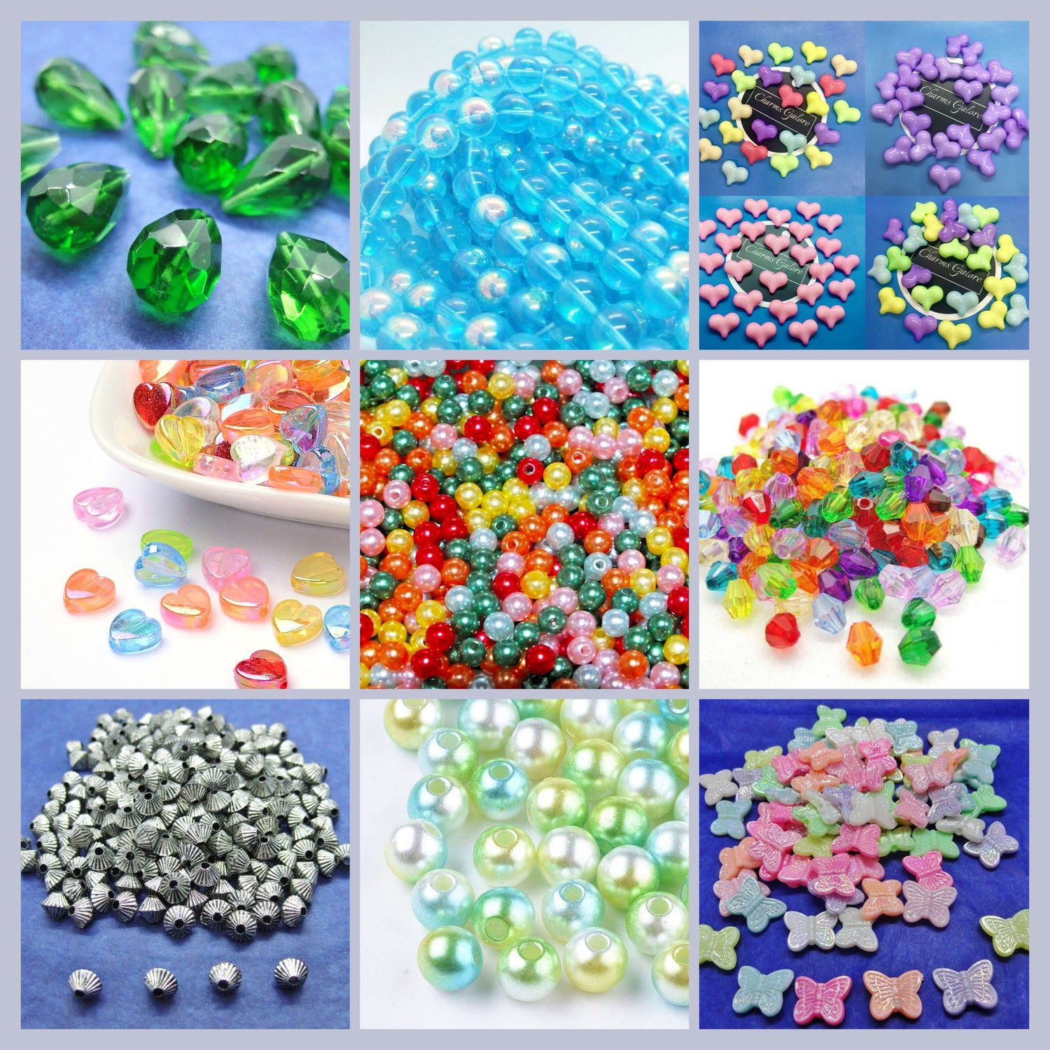 A collage of beads available for sale, including green glass teardrops, blue round glass, multicoloured hearts, pearls, bicones, spacer beads and butterflies.