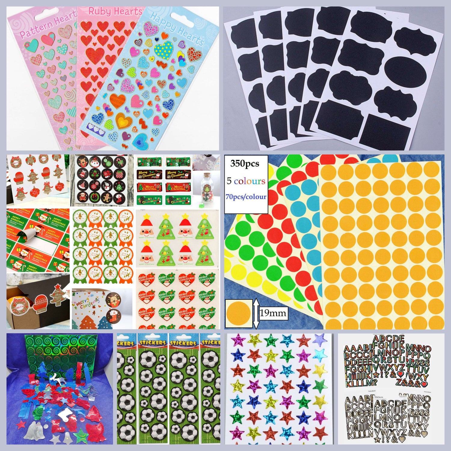 A collage of various styles of stickers available for sale, including Christmas stickers, stars, hearts, sticky dots, alphabet letters and chalkboard stickers you can write on.