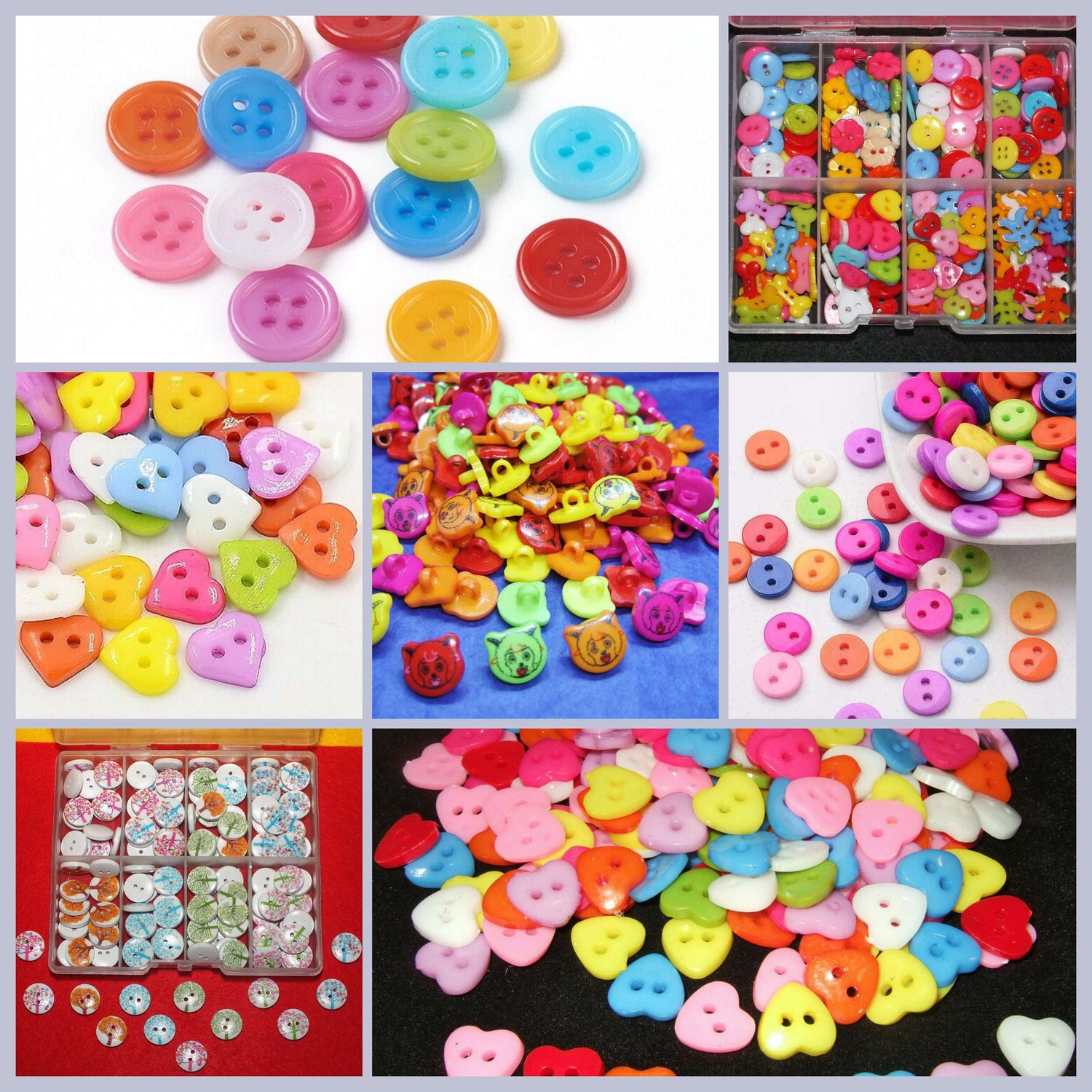 A collage of buttons available for sale, ranging from flat-backed to decorative shanks, plain to decorative shape or pattern, both acrylic and wooden. There are also selection boxes to choose from.