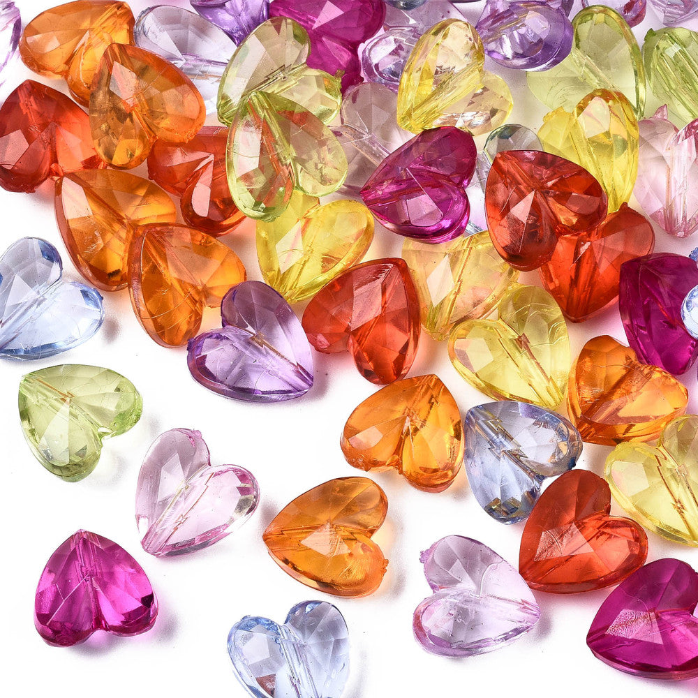 50pcs faceted heart beads, 12mm translucent