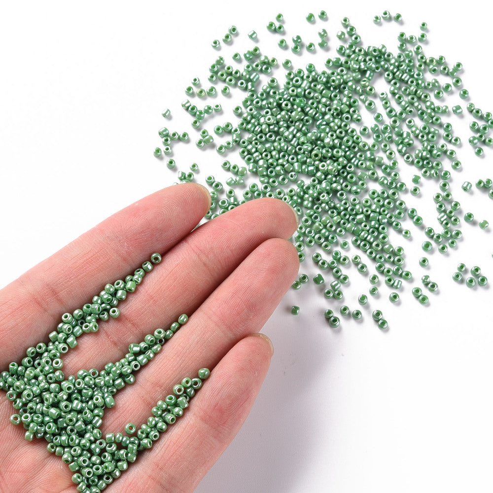 2mm pearlised green glass seed beads, 50g - 1kg