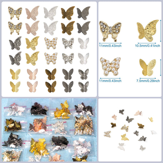 16 packs (150pcs) 3D metal butterfly cabochon charms, different styles & colours