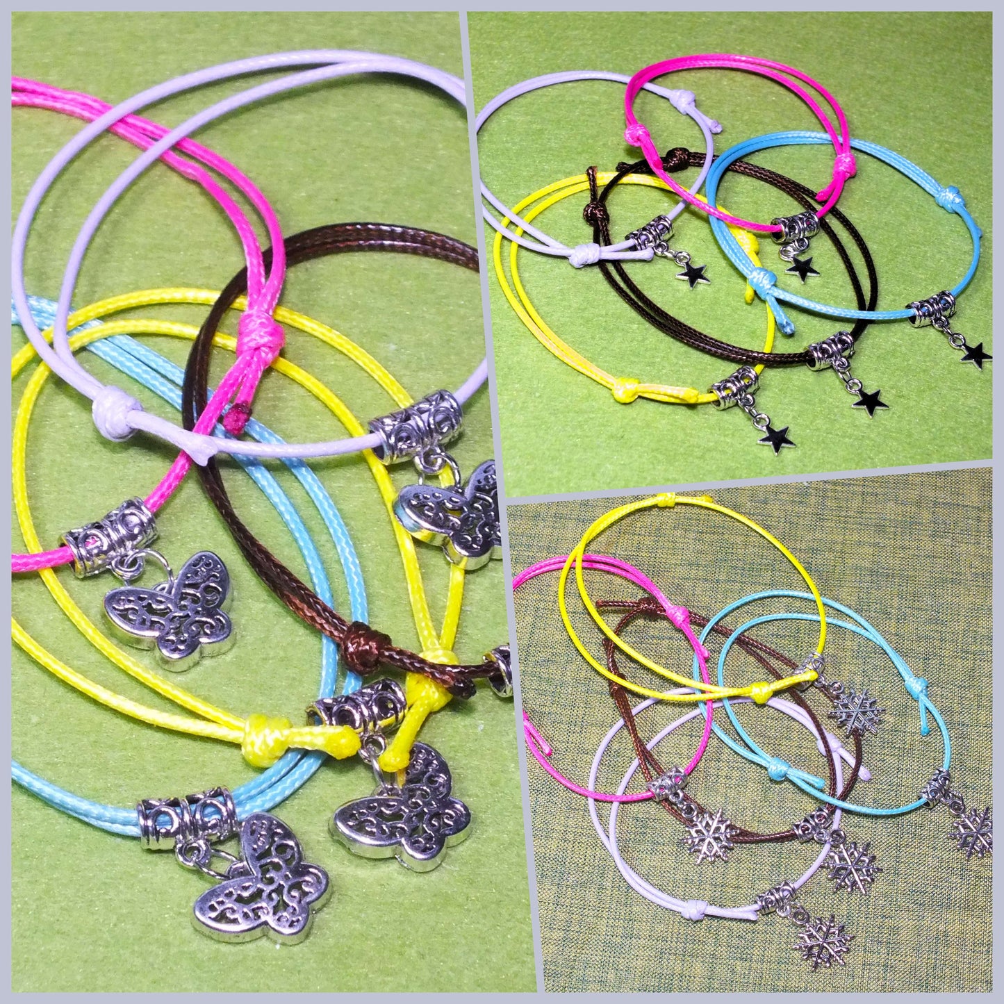 Adjustable multicoloured SNOWFLAKE / STAR / BUTTERFLY friendship charm bracelets, packs of 5 / 10 / 20 / 30