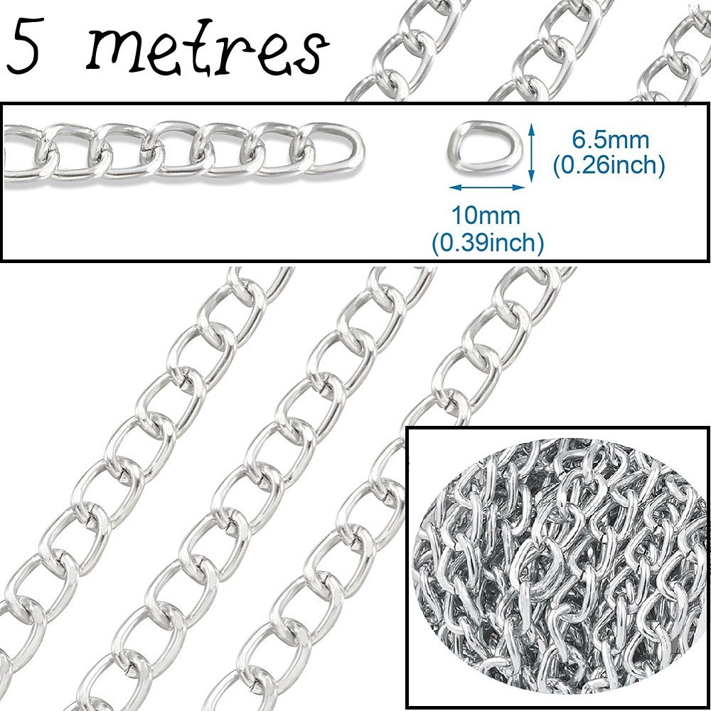 Aluminium twisted curb chain, 5 metres silver tone jewellery chain for bracelet / necklace making