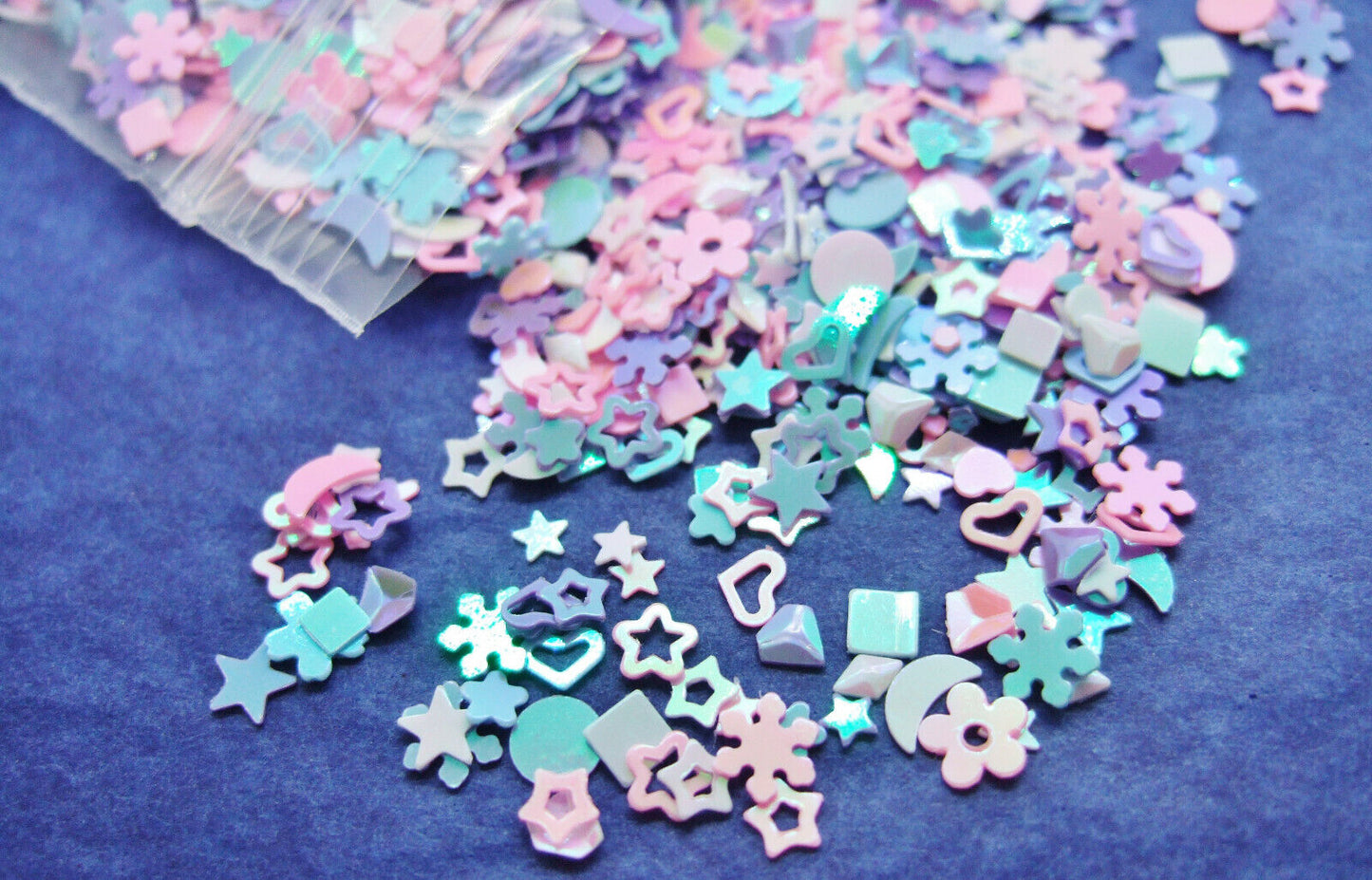 15g small mixed shape sequins / embellishments, pastel pink / blue mix with an AB finish