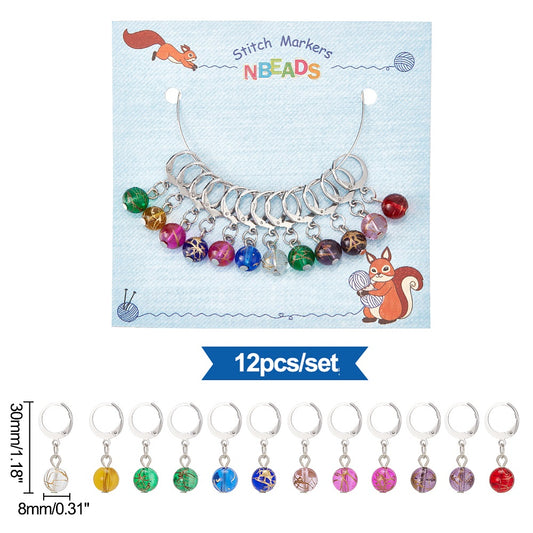 12pcs stitch markers, drizzled glass beads dangle charms