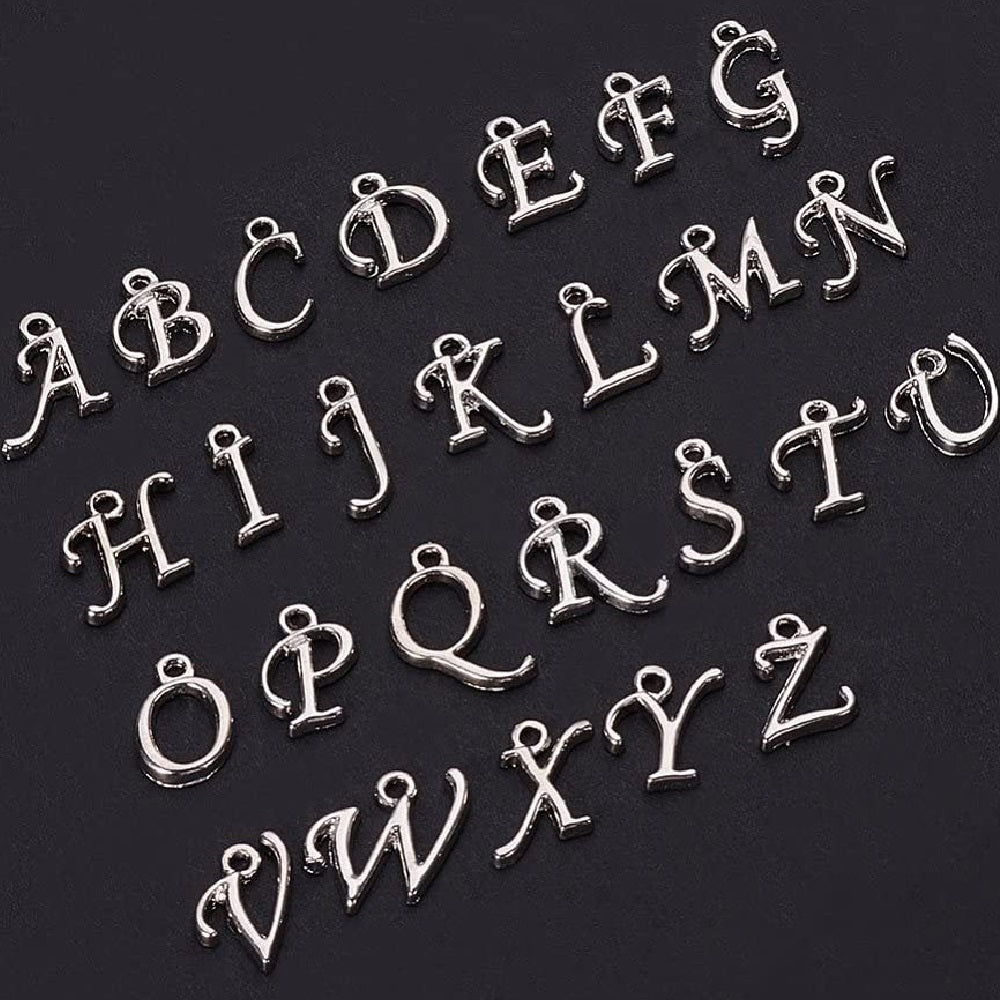 A-Z set of silver tone rack plated alphabet letter charms, 12mm - 17mm