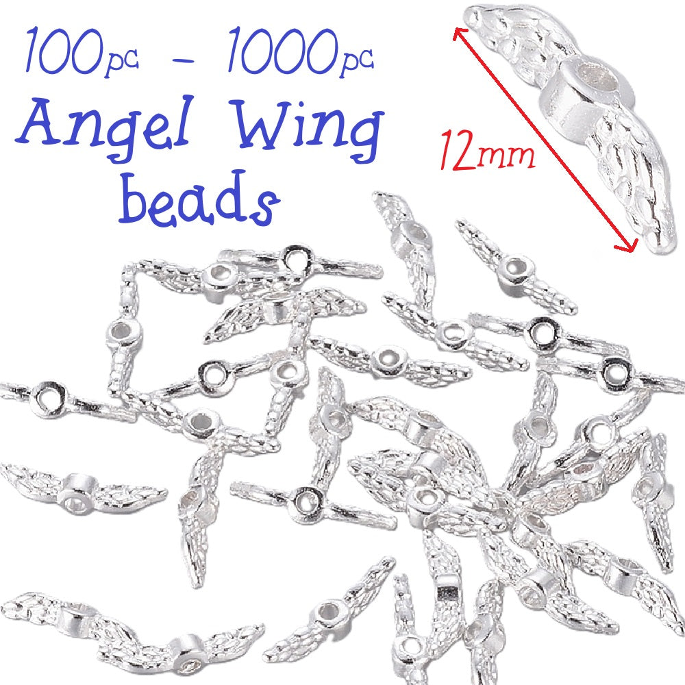 100 - 1000pcs angel / fairy wing spacer beads, 12mm x 3mm - bright silver tone metal