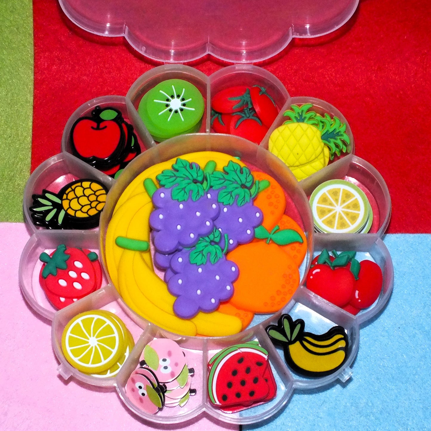 81pcs FRUIT cabochons - 15 styles, 17.5mm - 64mm flatbacks in hard plastic and soft PVC.