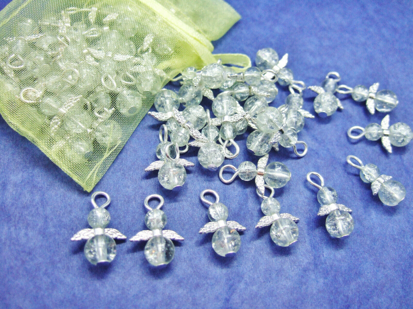 Ice glass angel charms (24-100pcs, plain, on clasps or lanyards)