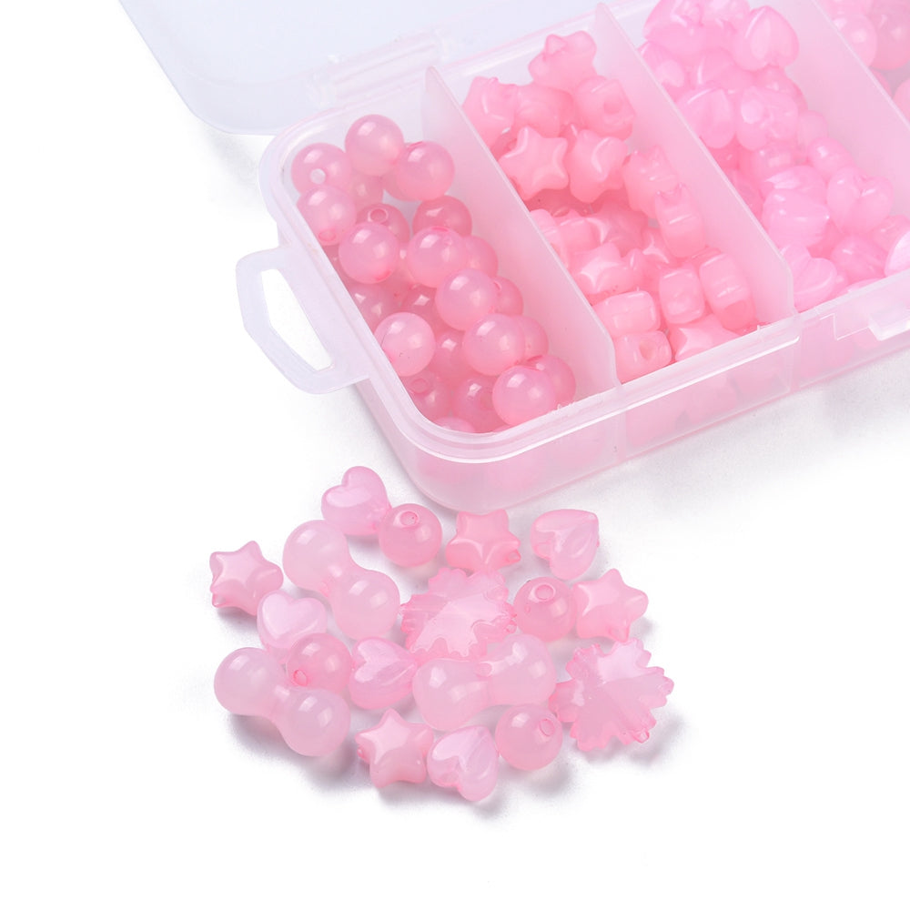 149pcs pink jelly mixed shape beads, acrylic gearts, bone, star, snowflake, round 8mm - 15mm.