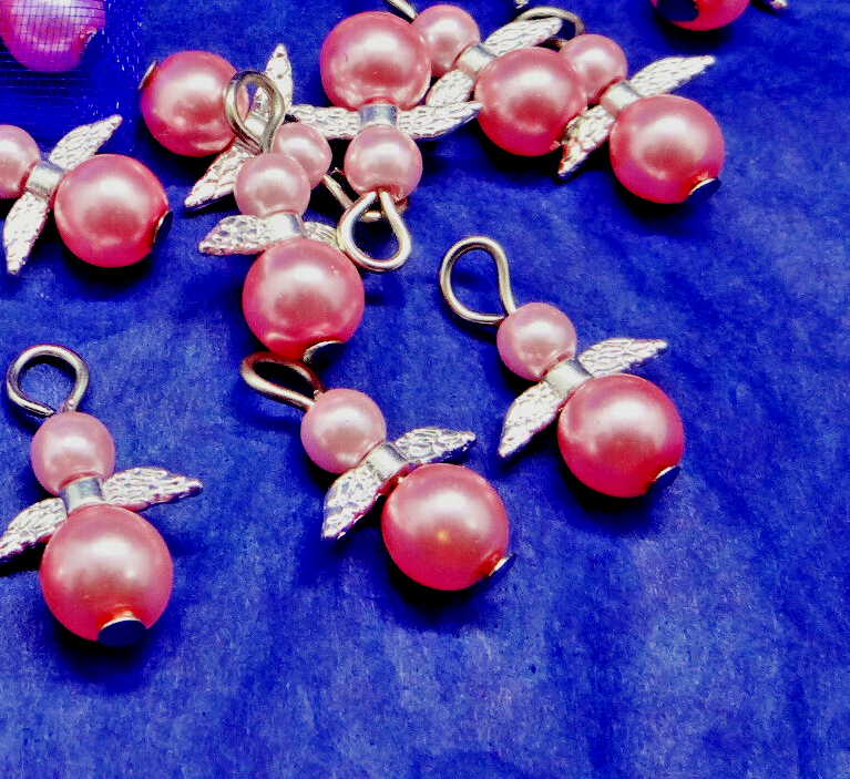 Hot pink pearl angel charms (24pcs, plain, on clasps or lanyards)