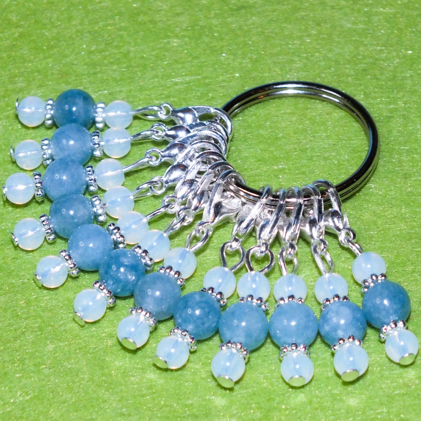 12pcs handmade Icicle stitch markers - opalite + imitation aquamarine gemstone dangle charms