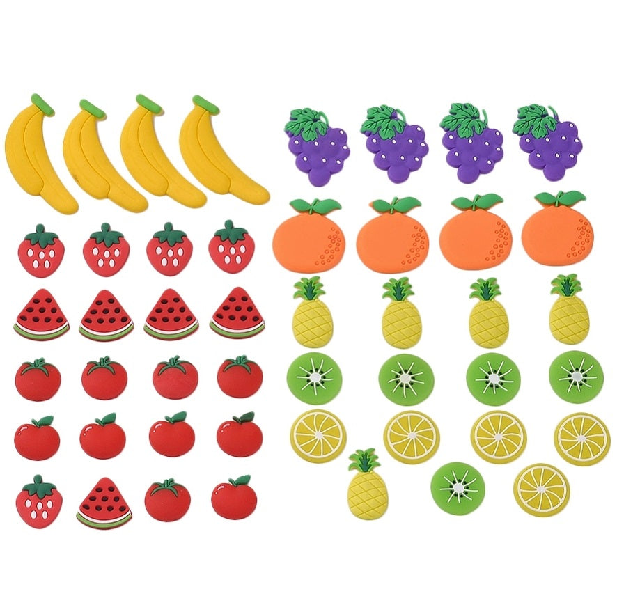 81pcs FRUIT cabochons - 15 styles, 17.5mm - 64mm flatbacks in hard plastic and soft PVC.