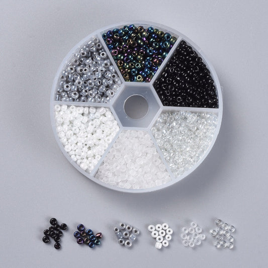 3mm seed bead selection box - black / white / clear, assorted styles and finishes