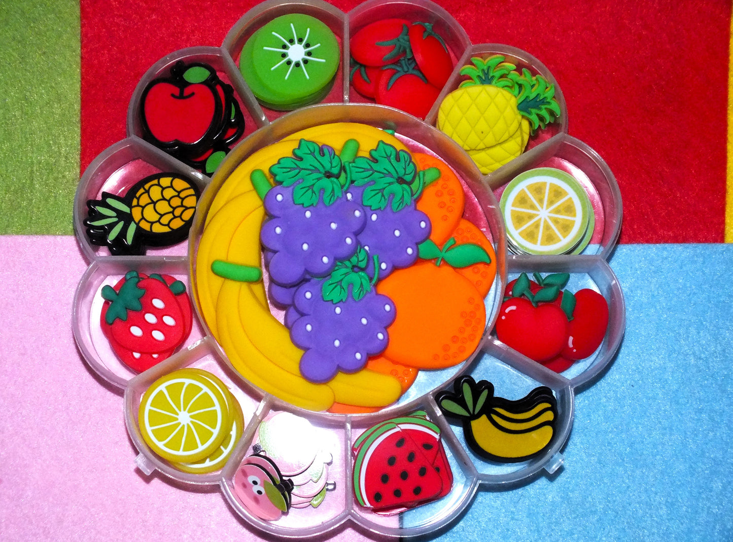 81pcs FRUIT cabochons - 15 styles, 17.5mm - 64mm flatbacks in hard plastic and soft PVC.