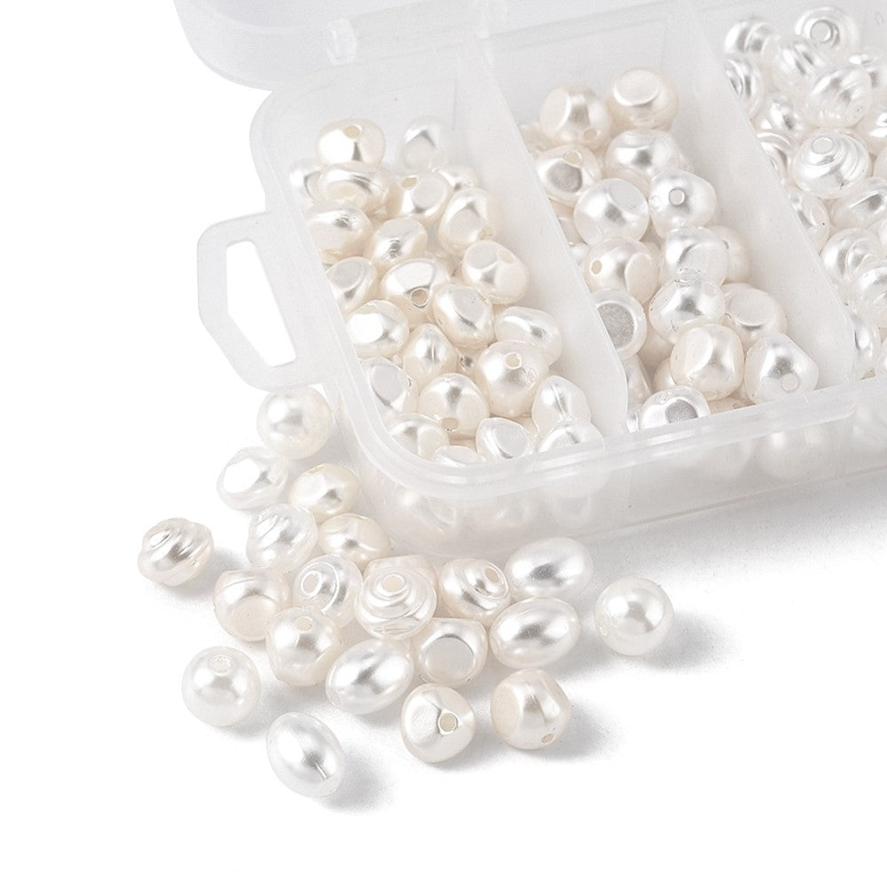 220pcs white pearl mixed shape beads, acrylic 7.5mm - 9mm , in a plastic storage box