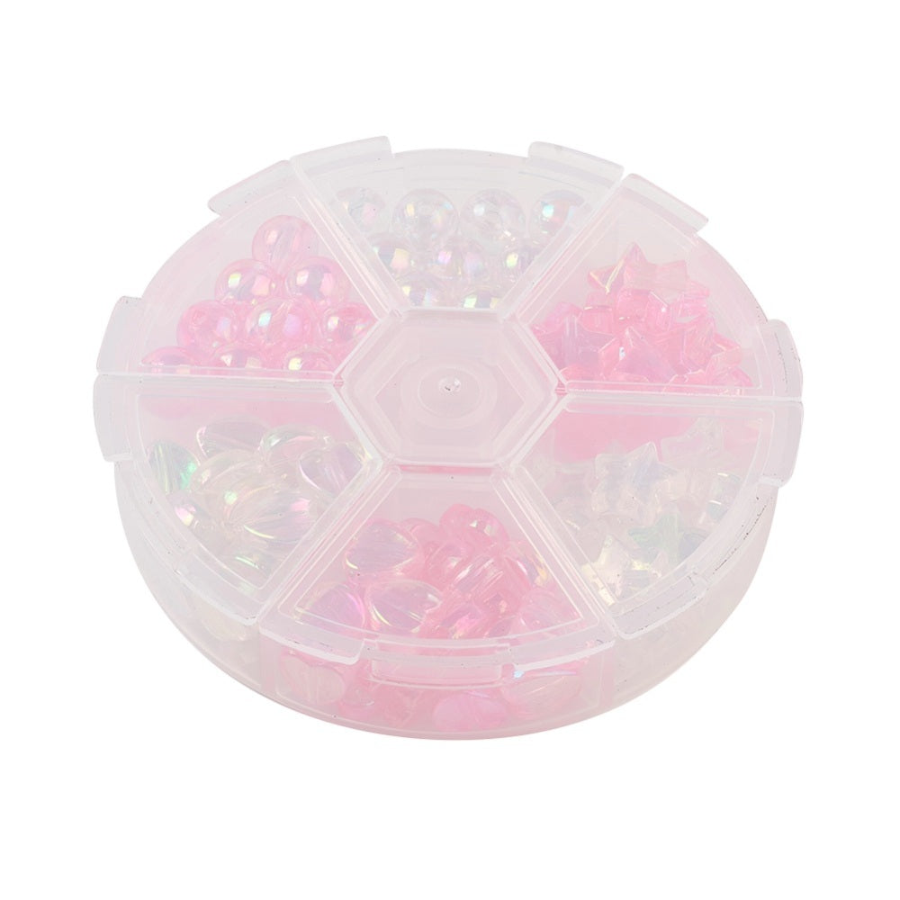 Pink & clear selection box of hearts, stars & round beads, 8mm - 10mm