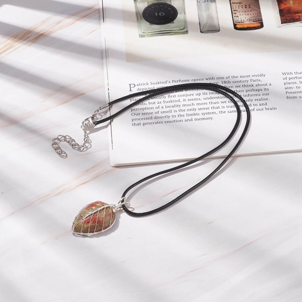 Natural unakite teardrop pendant necklace, waxed cord apx. 17.3" plus extender
