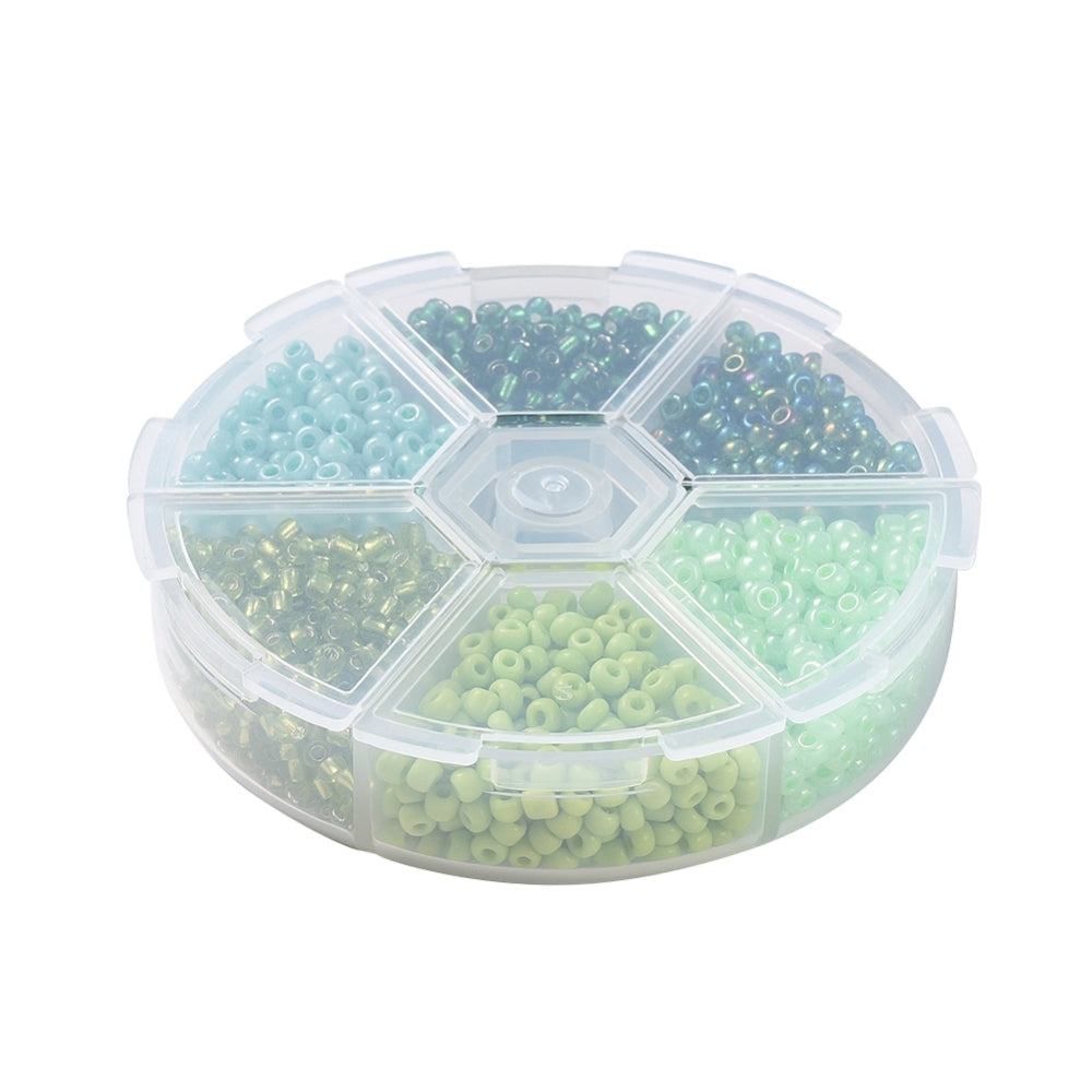 3mm seed bead selection box - green, assorted styles and finishes