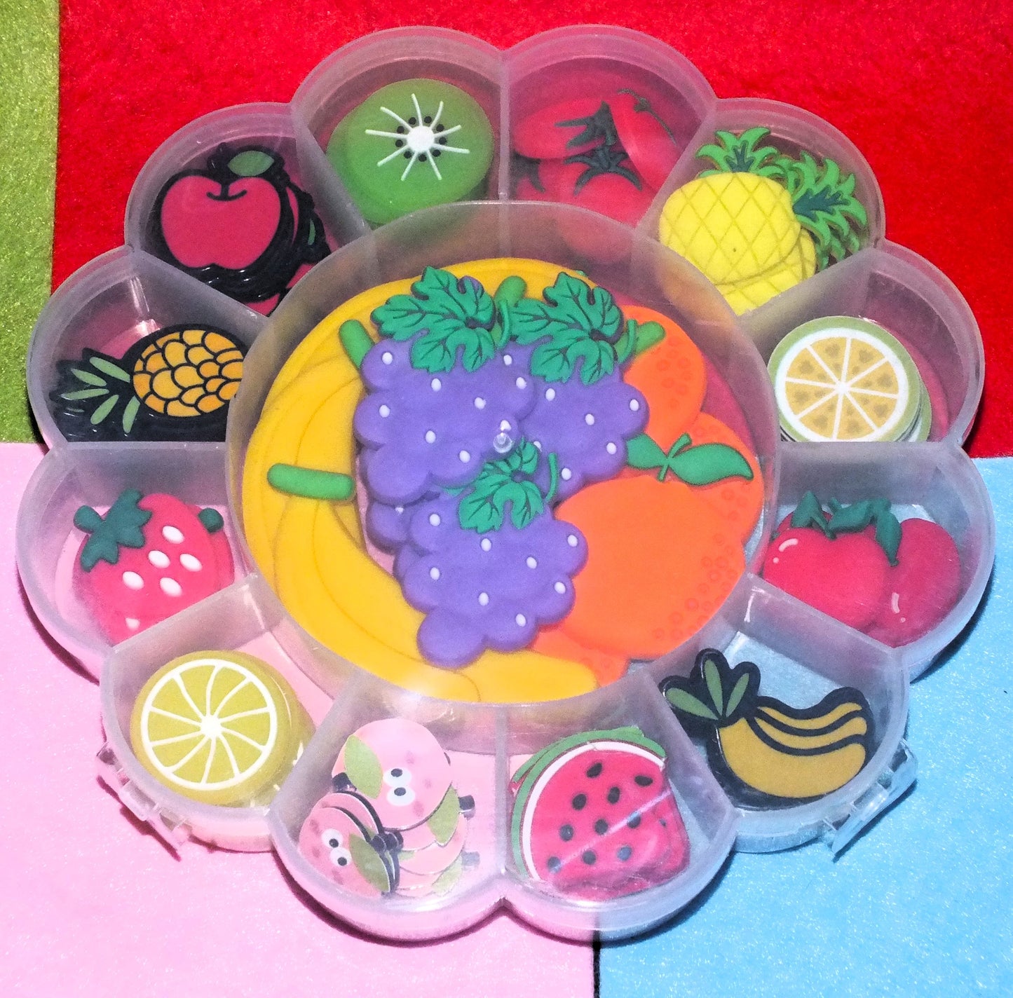81pcs FRUIT cabochons - 15 styles, 17.5mm - 64mm flatbacks in hard plastic and soft PVC.