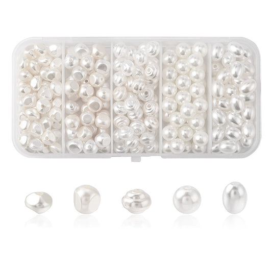 220pcs white pearl mixed shape beads, acrylic 7.5mm - 9mm , in a plastic storage box