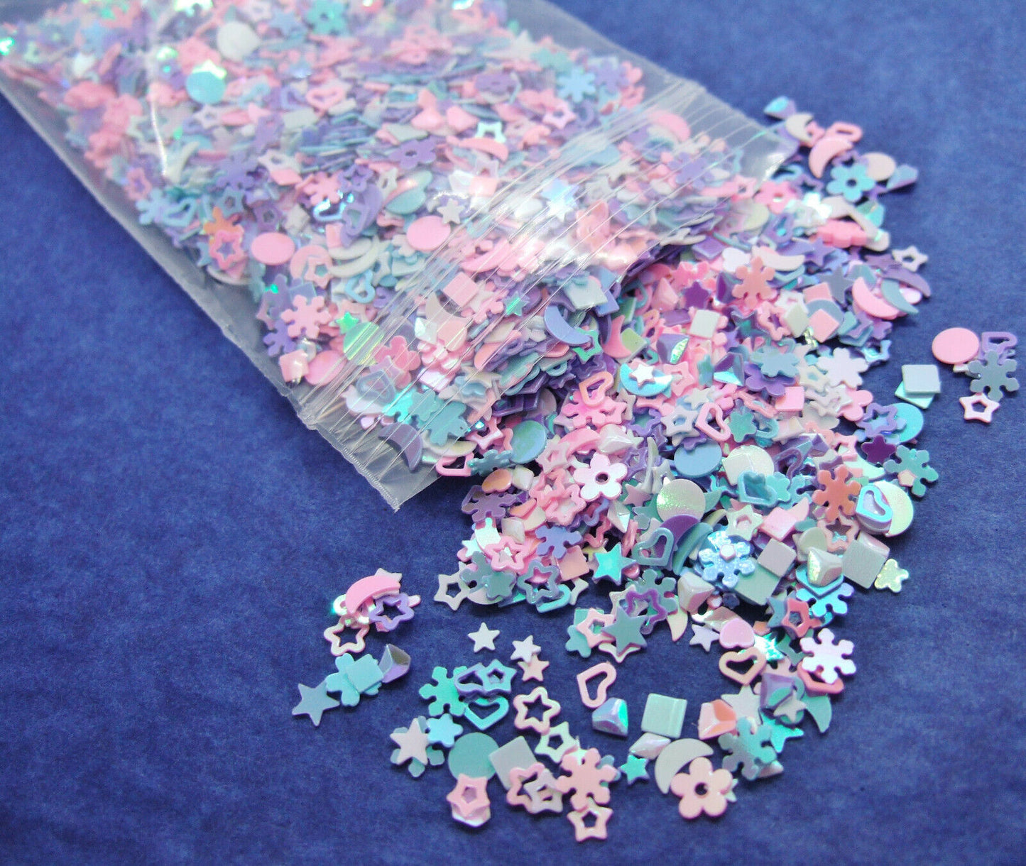 15g small mixed shape sequins / embellishments, pastel pink / blue mix with an AB finish