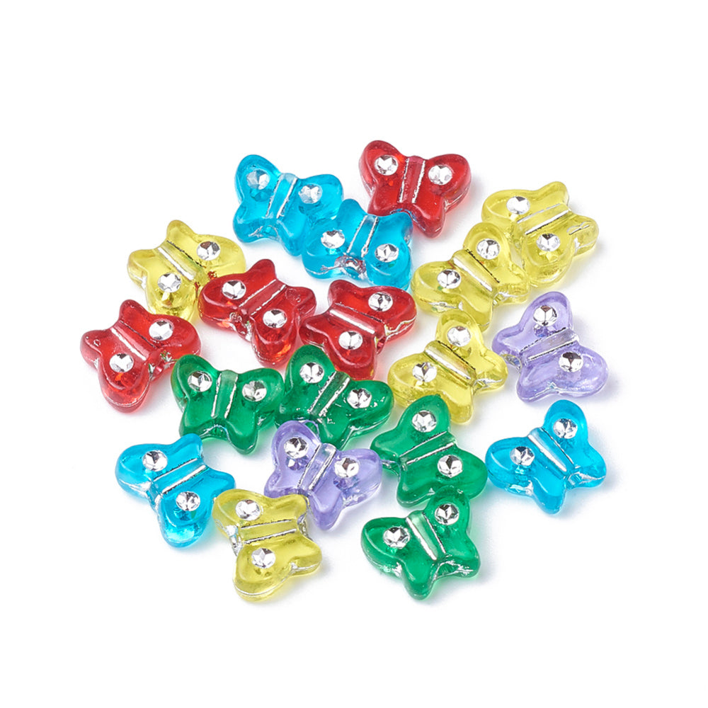 125pcs butterfly beads, silver enlaced, mixed colours. 9mm x 11mm x 4mm
