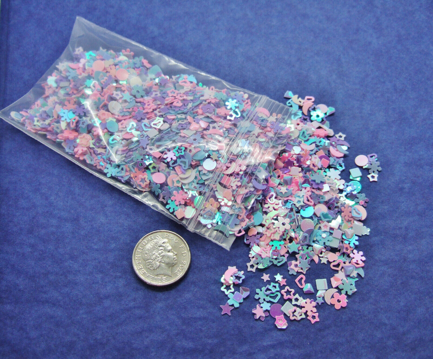 15g small mixed shape sequins / embellishments, pastel pink / blue mix with an AB finish