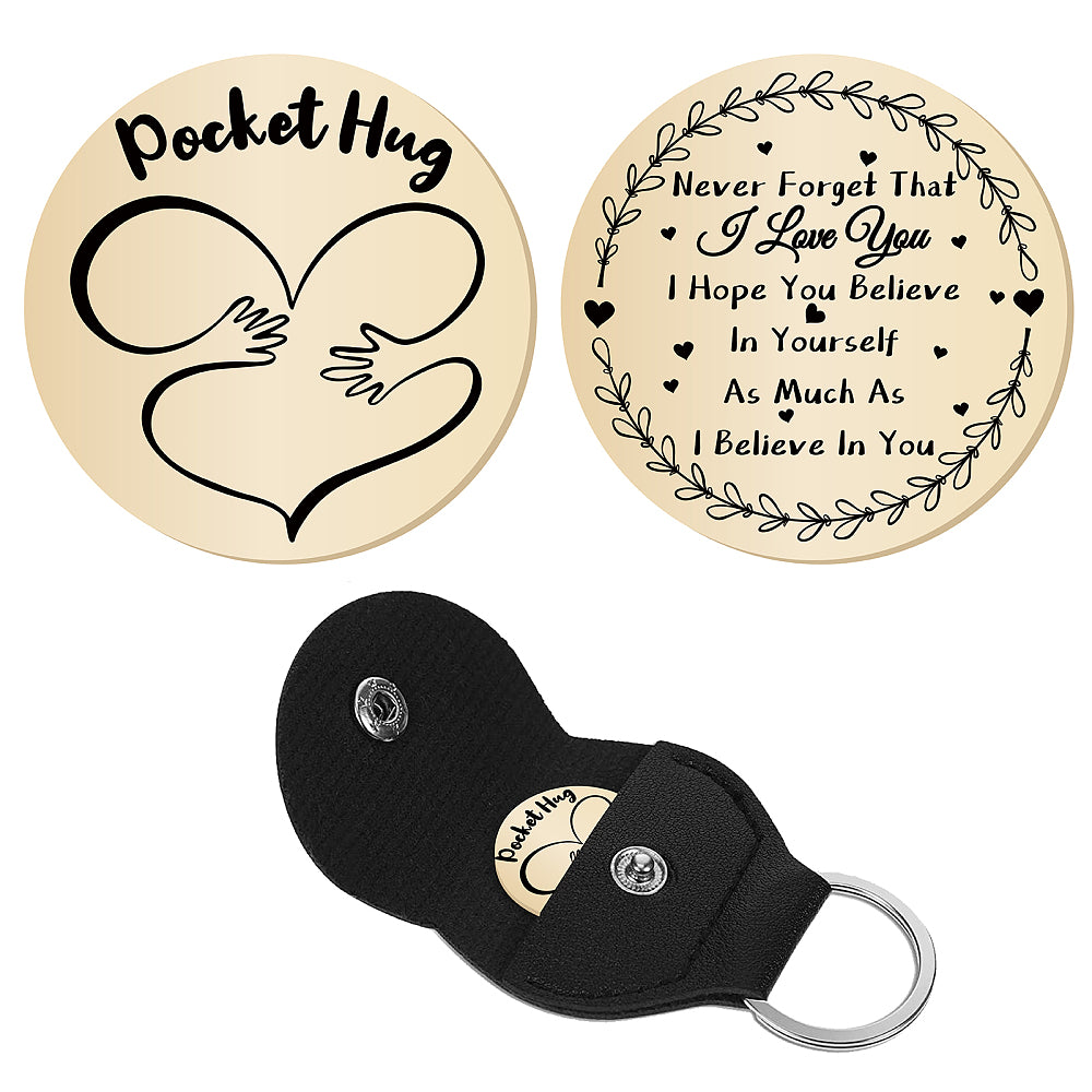 Pocket Hug coin + leather keyring holder - remind a loved one that you're thinking of them