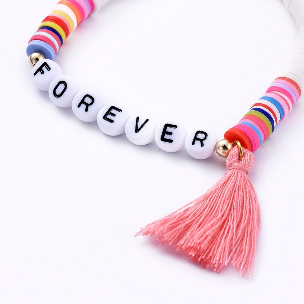 5 - 30 "FOREVER" friendship bracelets with tassel, multicoloured polymer clay Heishi beads.