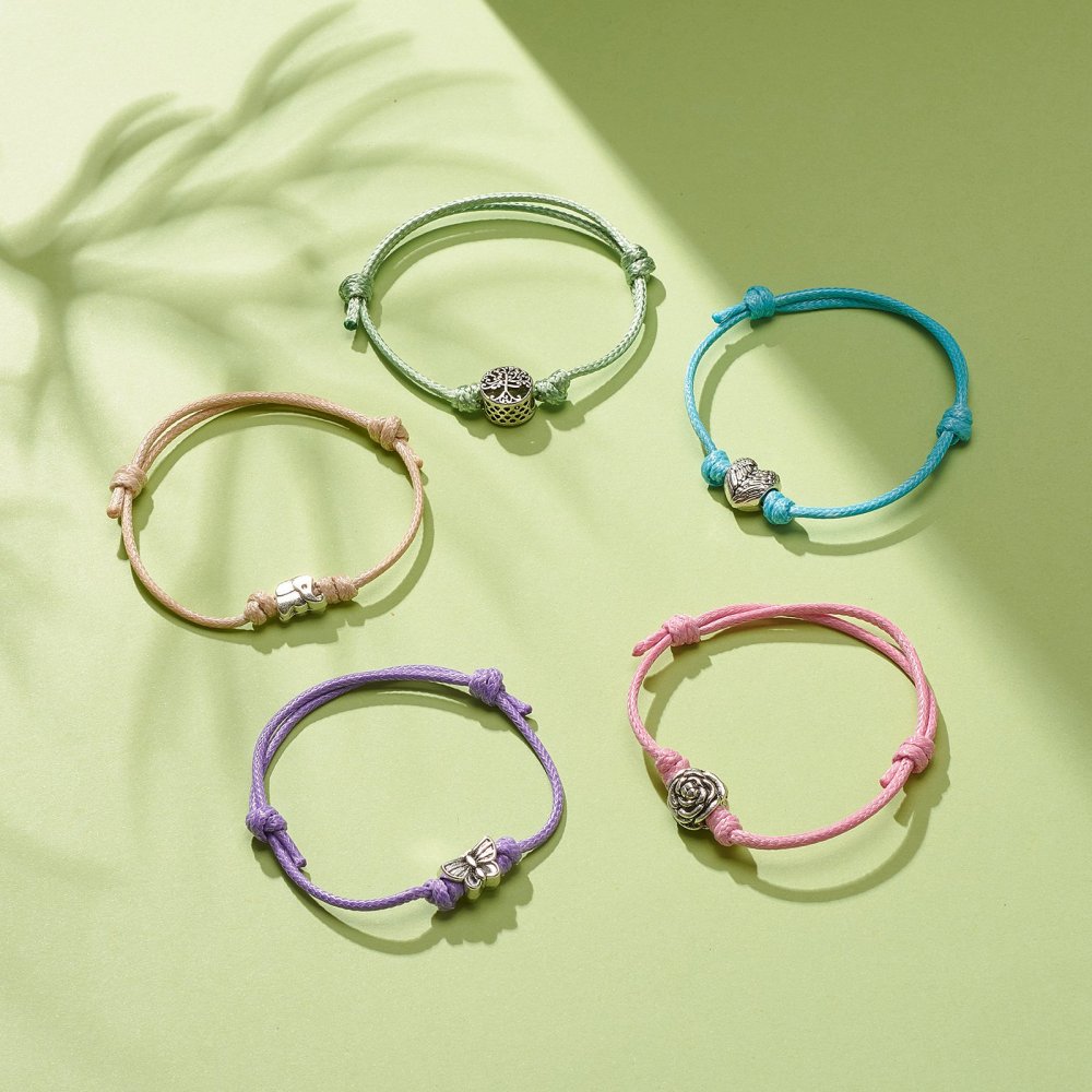 5 - 50 adjustable cord friendship bracelets with heart, tree, elephant, flower, butterfly European charm beads