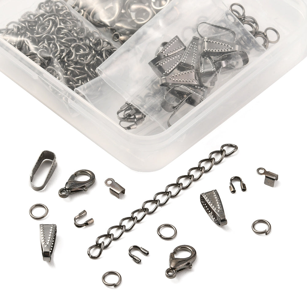 184pcs black tone findings box - lobster clasps, bails, extenders, jump rings, wire guardian, folding crimp ends