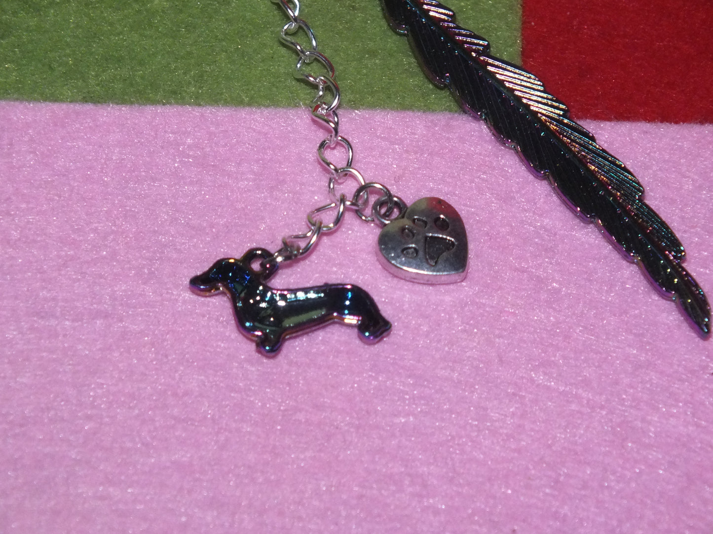 Sausage dog (Dachshund) bookmark with feather design, electroplated rainbow