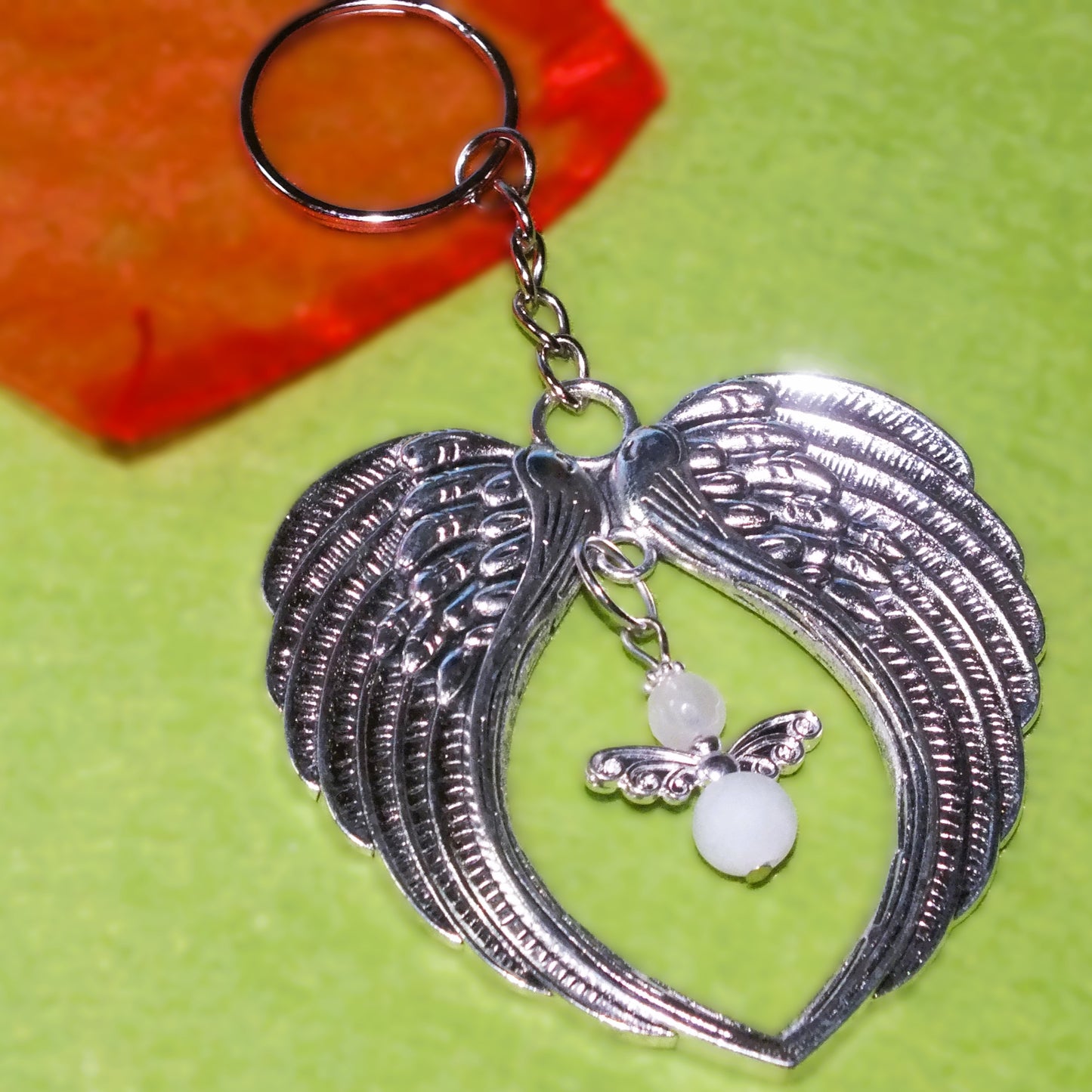 Large wings & angel keyring, handmade with smoky white semiprecious stone angel.