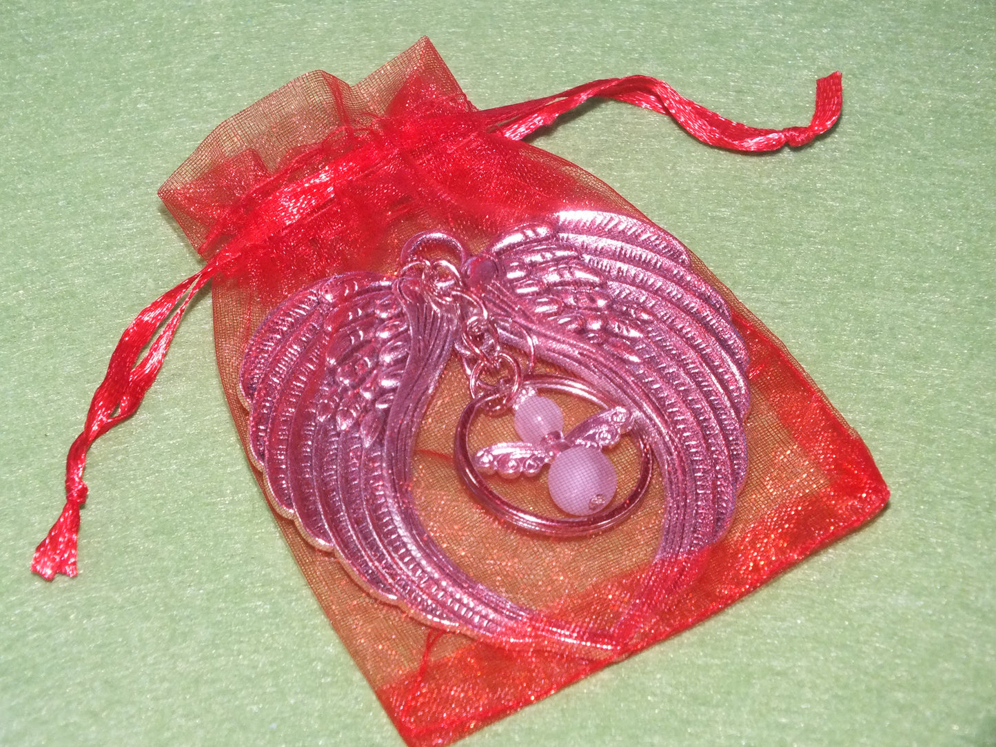Large wings & angel keyring, handmade with smoky white semiprecious stone angel.