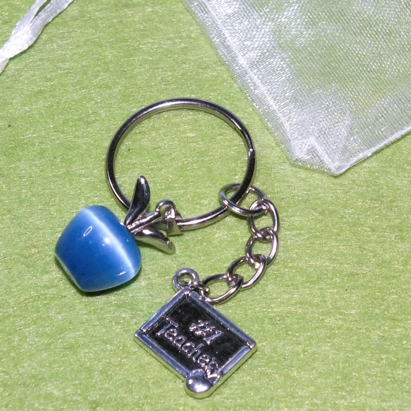 Thank you teacher gift - keyring with opalite apple & charm (silver tone)