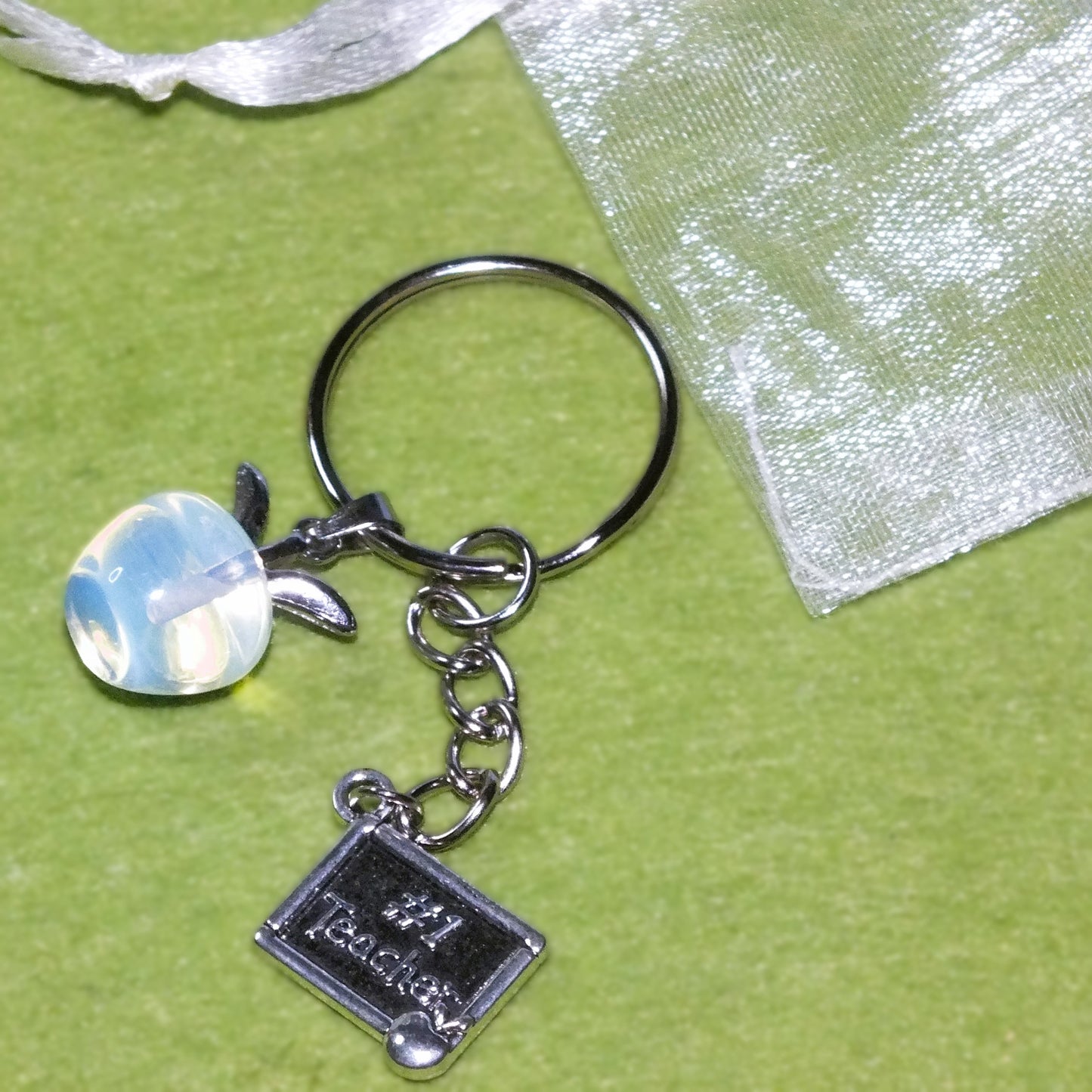 Thank you teacher gift - keyring with opalite apple & charm (silver tone)