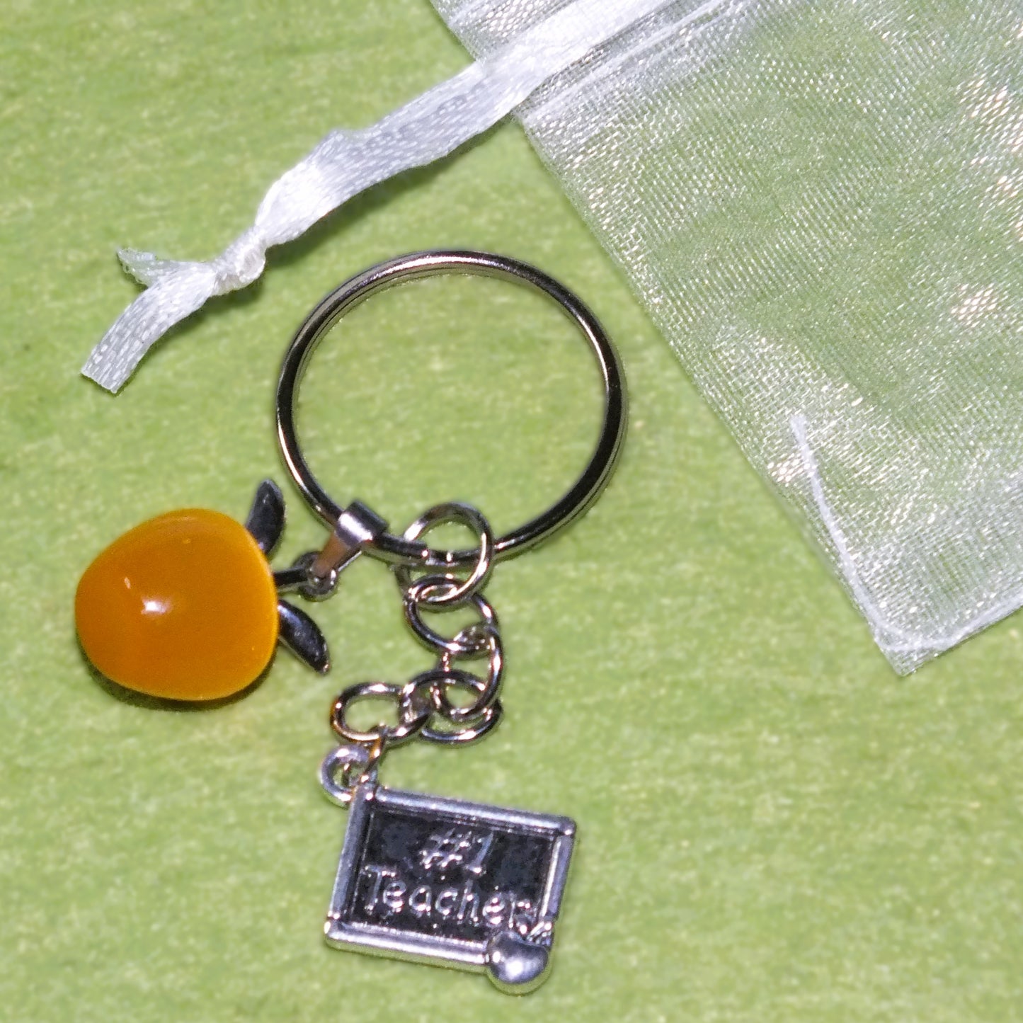 Thank you teacher gift - keyring with opalite apple & charm (silver tone)