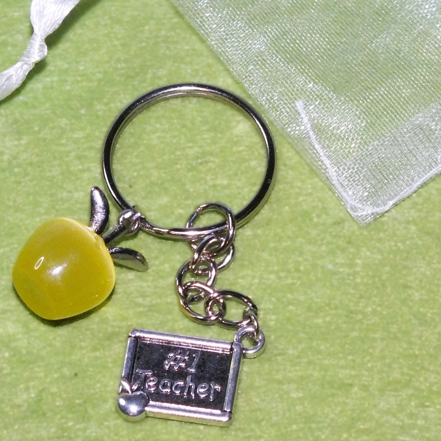 Thank you teacher gift - keyring with opalite apple & charm (silver tone)
