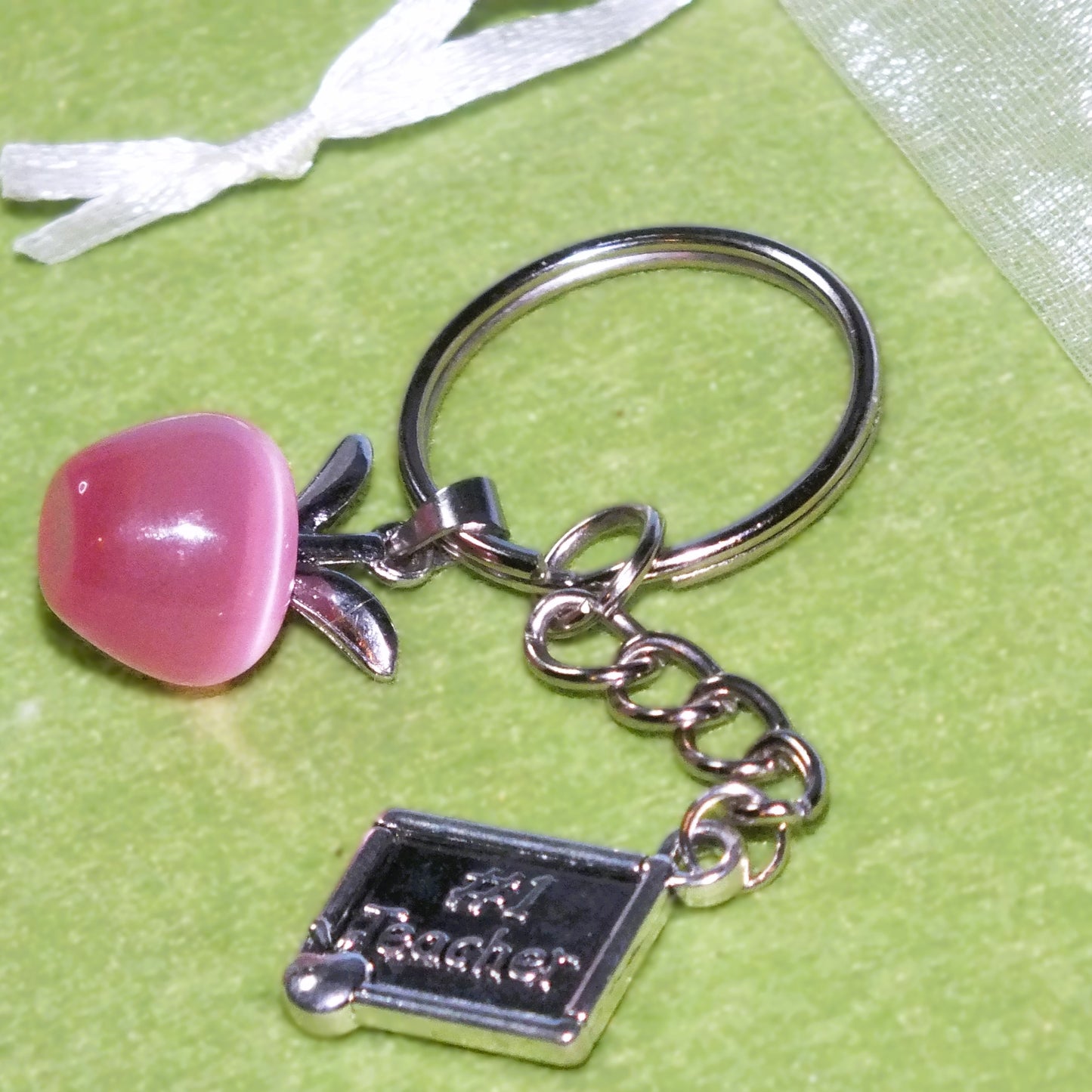 Thank you teacher gift - keyring with opalite apple & charm (silver tone)