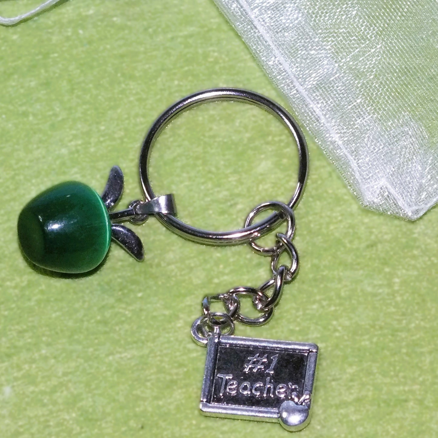 Thank you teacher gift - keyring with opalite apple & charm (silver tone)