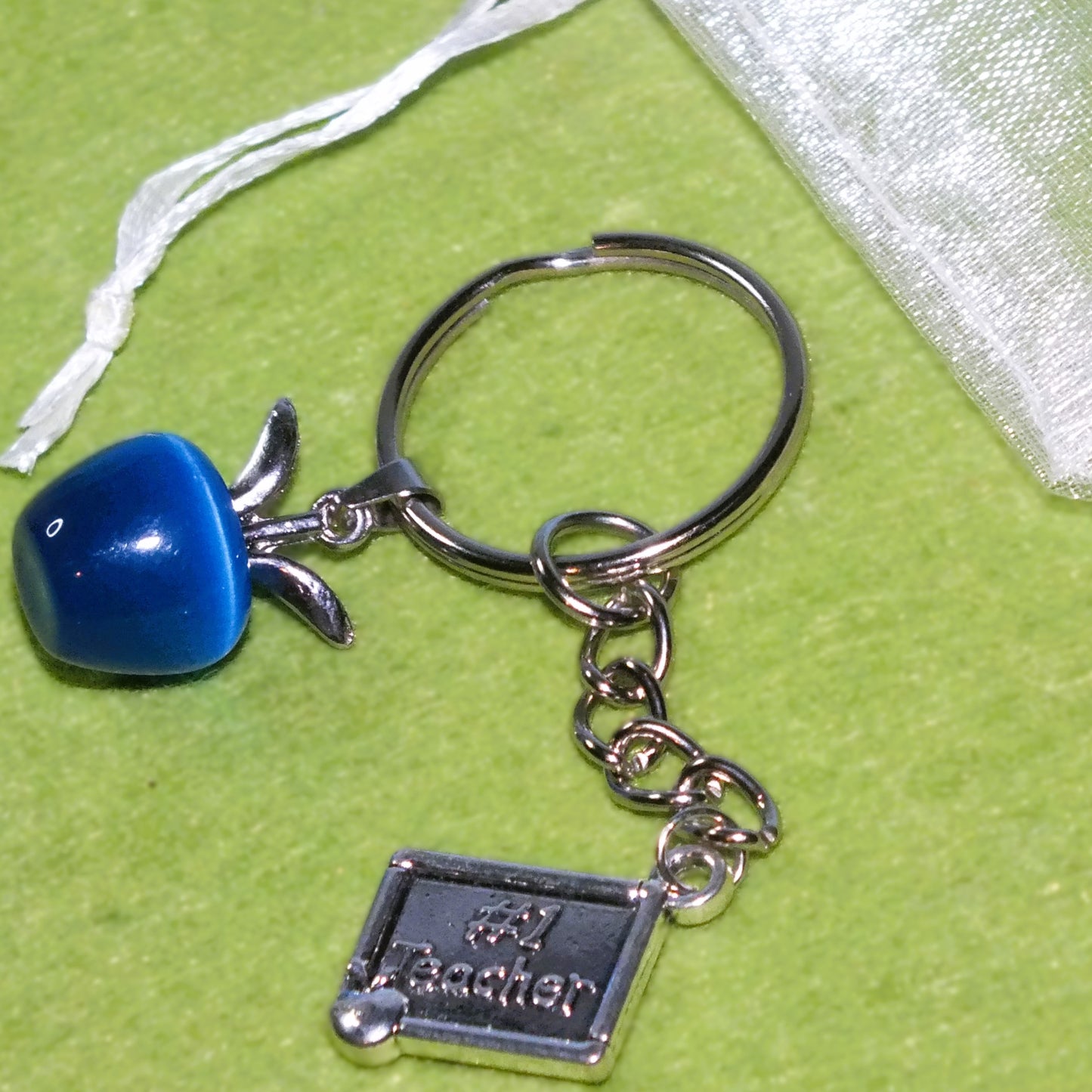 Thank you teacher gift - keyring with opalite apple & charm (silver tone)