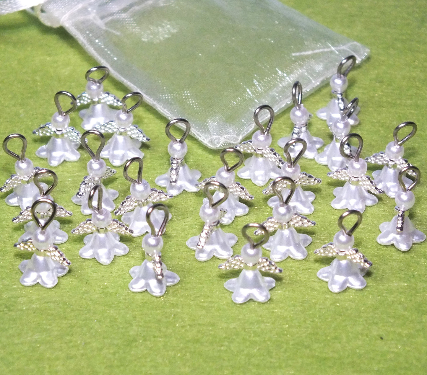 Mini white pearl flower angel charms (12-250pcs, plain, on clasps or lanyards)