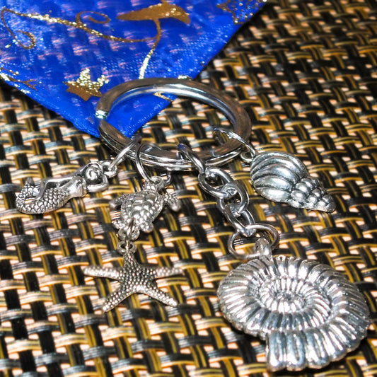 Heavy ocean themed large keyring with shells, mermaid, turtle, starfish.