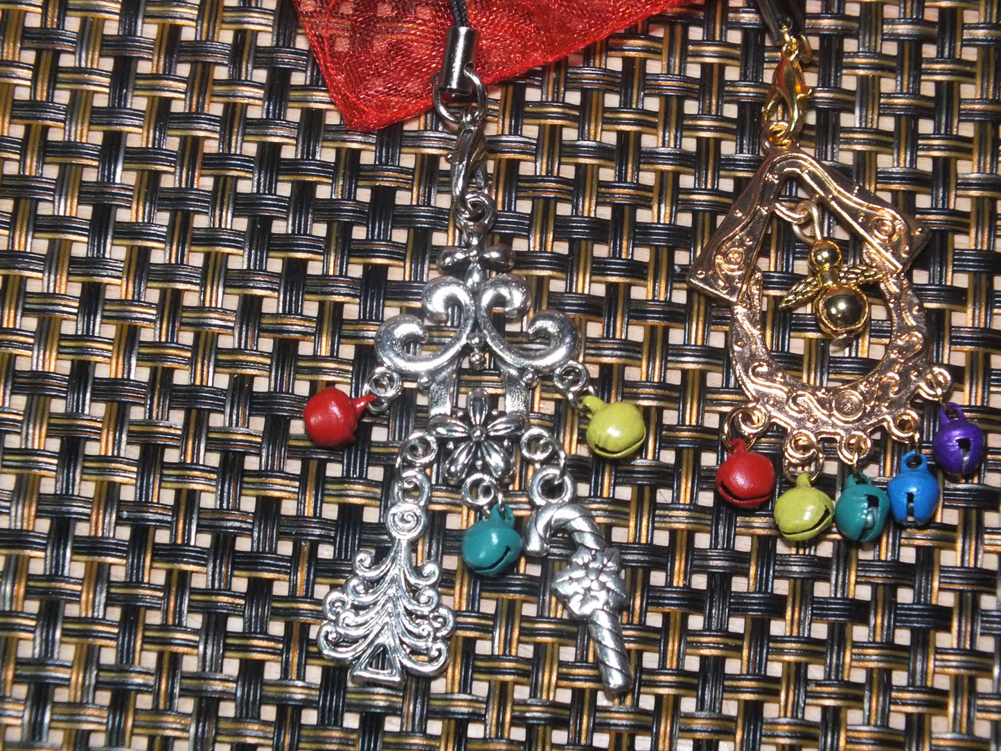 2x Festive handmade charms with bells, angel, Christmas tree & candy cane, on lanyards.