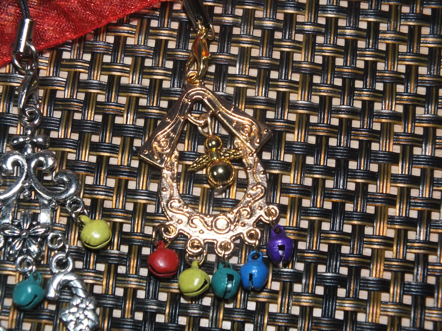 2x Festive handmade charms with bells, angel, Christmas tree & candy cane, on lanyards.