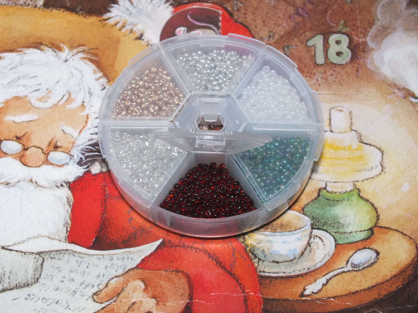 Festive 2mm seed bead selection box - berry red, snow white, green, clear, silver, gold